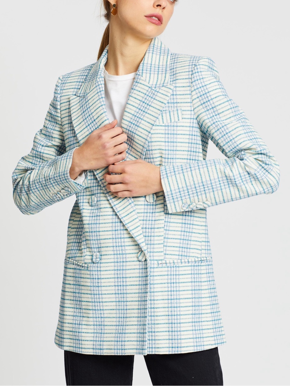 Blue & cream plaid double breasted blazer